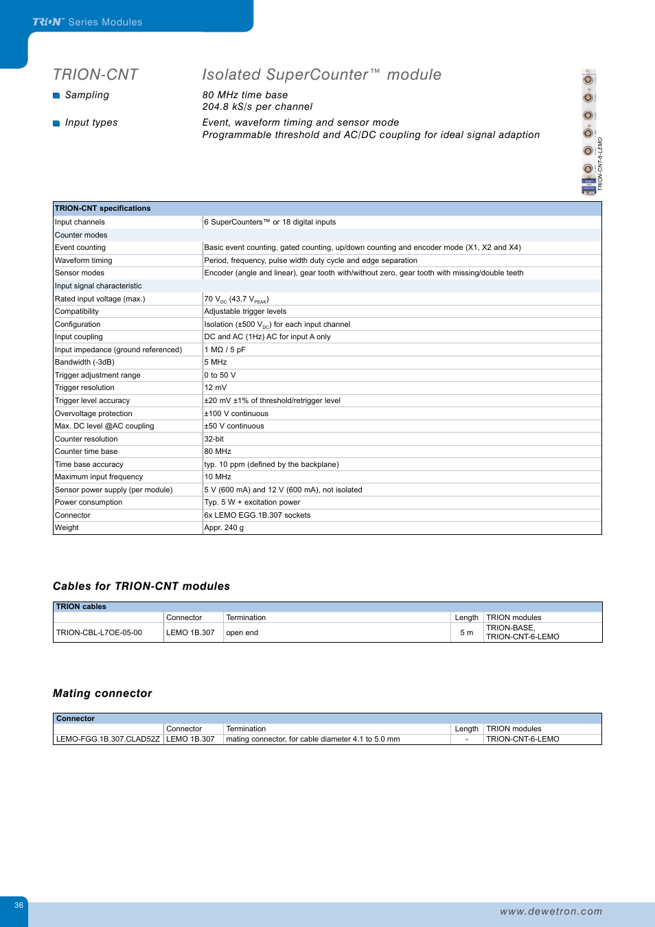 Isolated supercounter™ module, Trion-cnt, Cables for trion-cnt modules | Mating connector | Atec Dewetron-DEWE2_DatatsheetЙ User Manual | Page 36 / 40