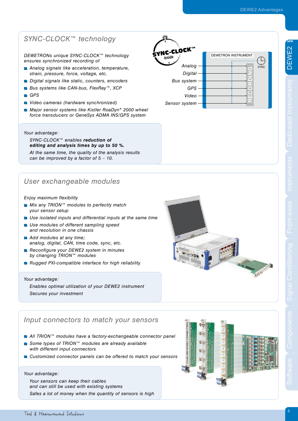 Sync-clock™ technology, User exchangeable modules, Input connectors to match your sensors | Atec Dewetron-DEWE2_DatatsheetЙ User Manual | Page 5 / 40