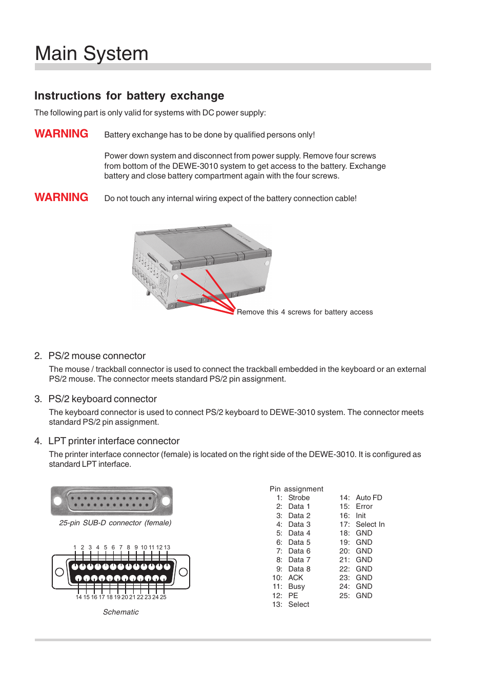 Main system, Instructions for battery exchange, Warning | Atec Dewetron-3010 User Manual | Page 10 / 18