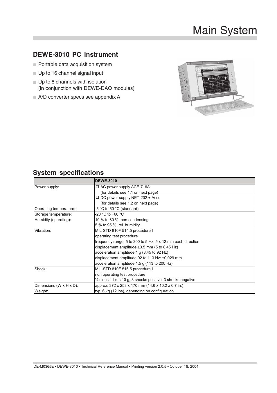 Main system, Dewe-3010 pc instrument, System specifications | Atec Dewetron-3010 User Manual | Page 7 / 18
