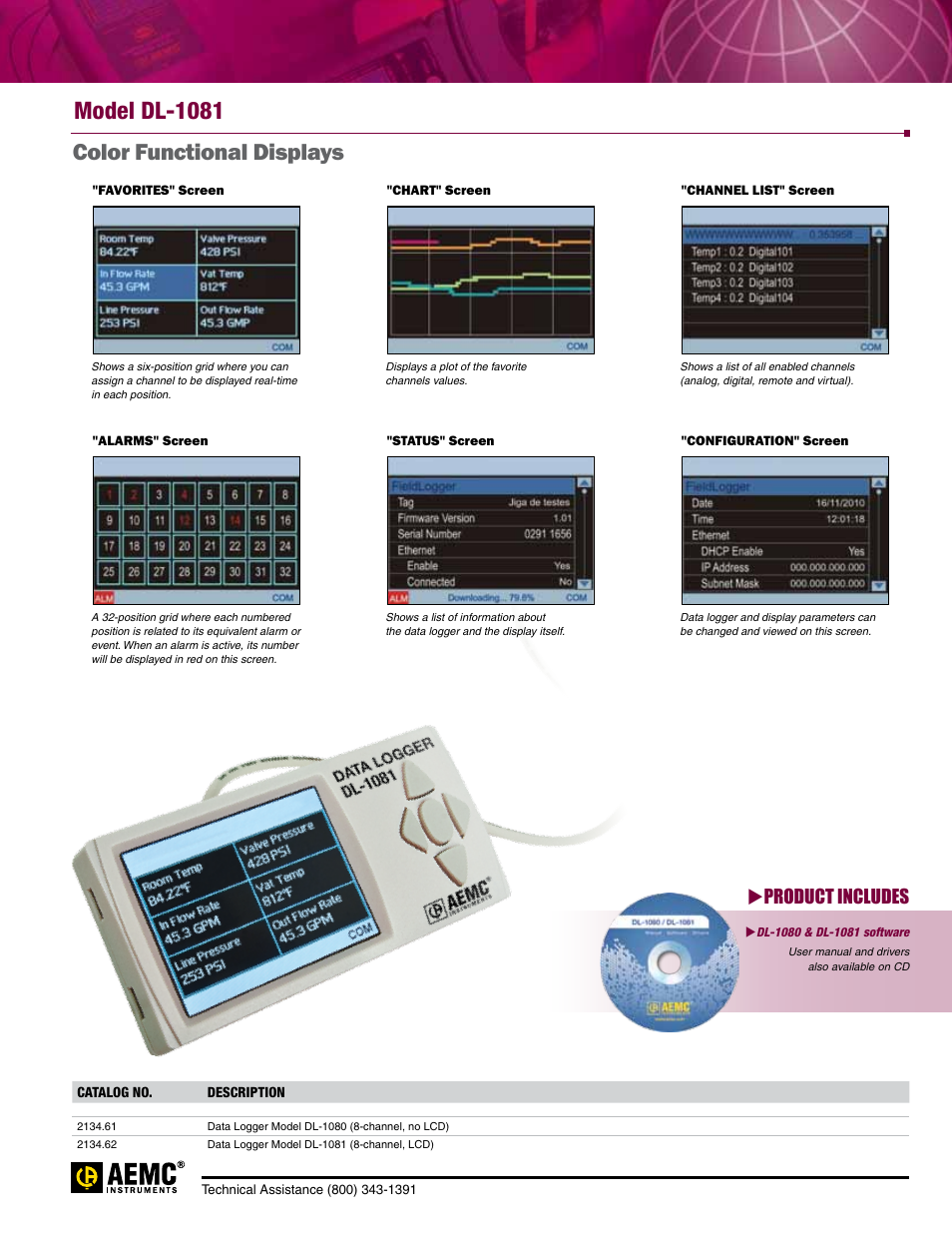 Model dl-1081, Color functional displays, Product includes | Atec AEMC-DL-1081_DL-1080 User Manual | Page 2 / 2