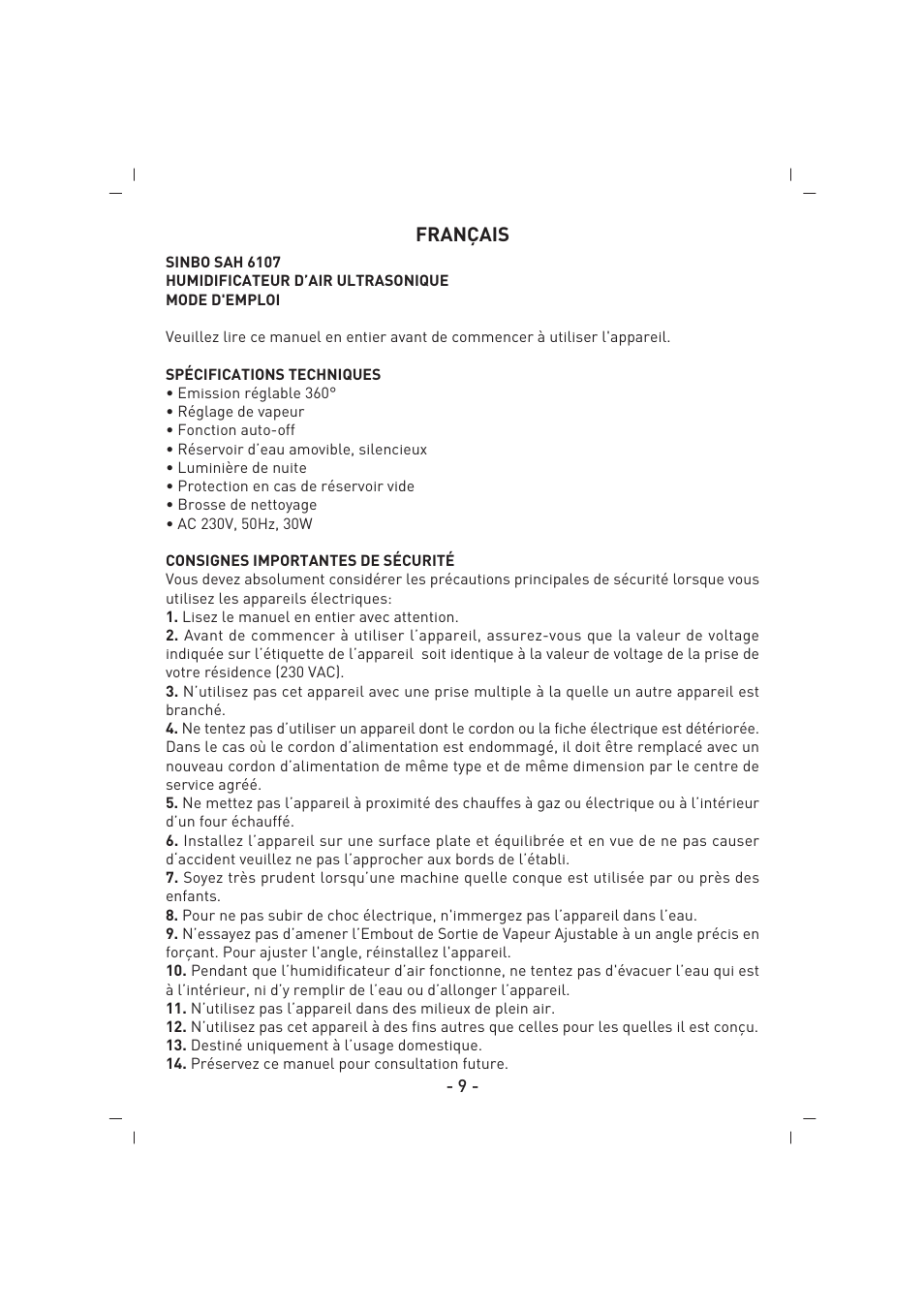 Français | SINBO SAH 6107 User Manual | Page 10 / 35