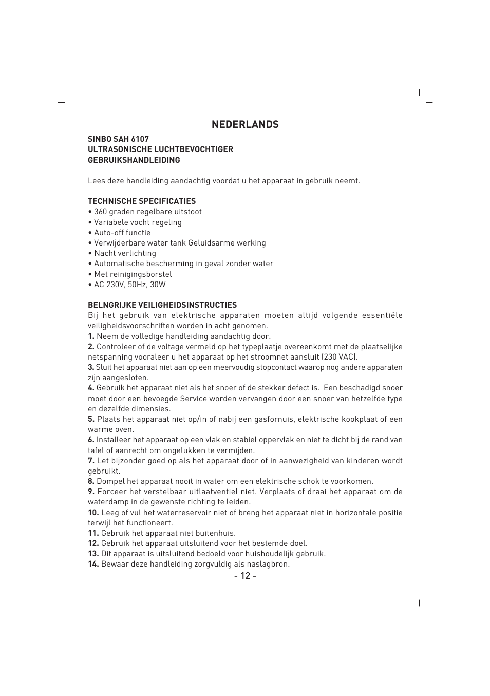 Nederlands | SINBO SAH 6107 User Manual | Page 13 / 35