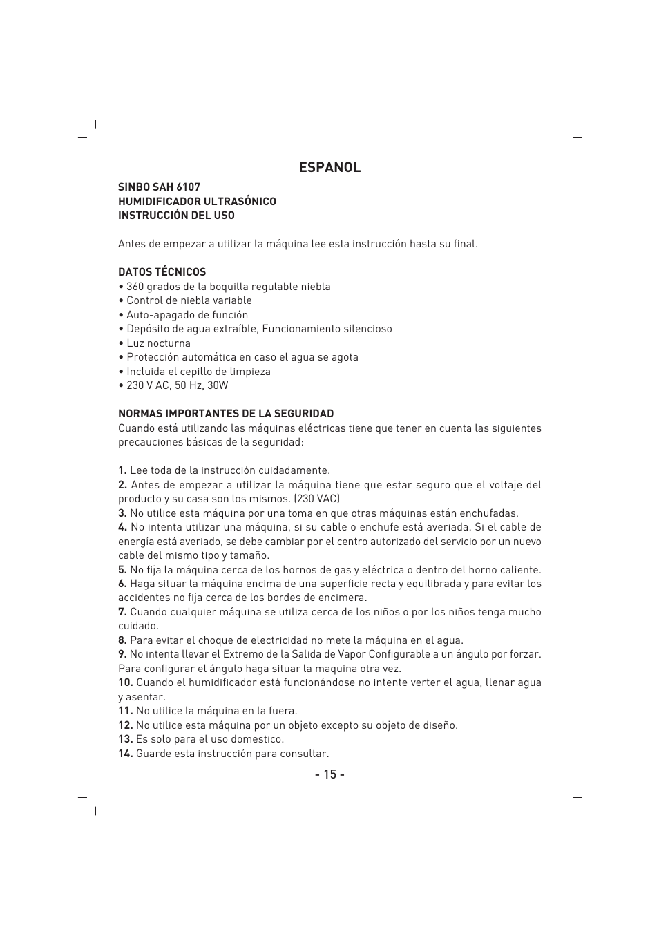 Espanol | SINBO SAH 6107 User Manual | Page 16 / 35