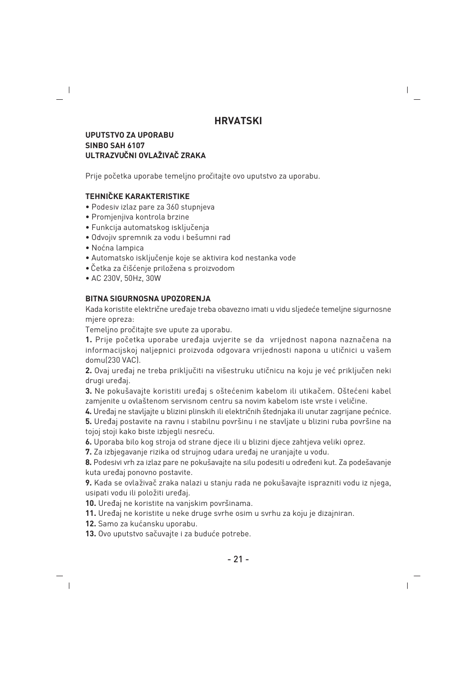 Hrvatski | SINBO SAH 6107 User Manual | Page 22 / 35