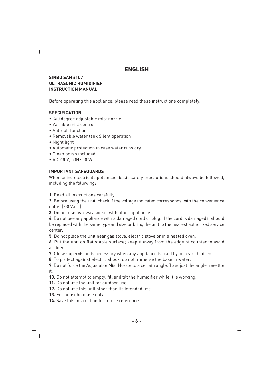 English | SINBO SAH 6107 User Manual | Page 7 / 35