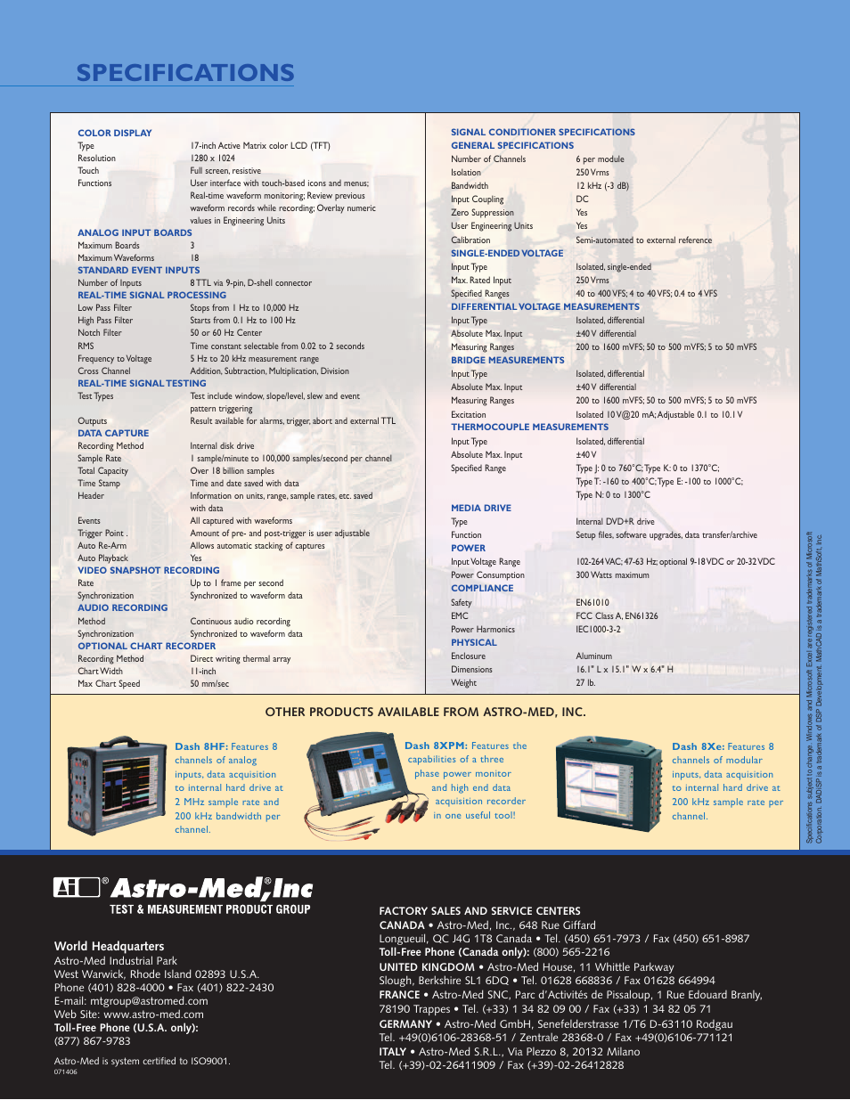 Specifications, Other products available from astro-med, inc, World headquarters | Atec Astro-Med-Dash18X User Manual | Page 8 / 8