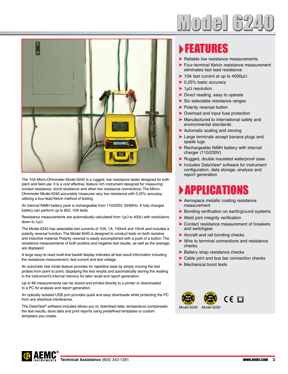 Model 6240, Features, Applications | Atec AEMC-6240-6250 User Manual | Page 3 / 9