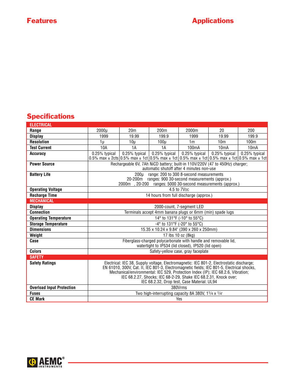 Features, Applications, Specifications | Atec Aemc-5600 User Manual | Page 2 / 4