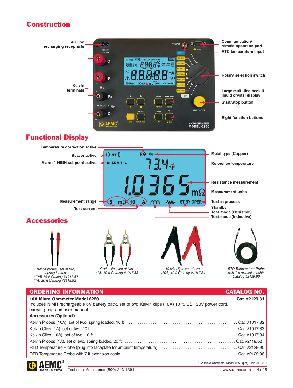 Construction, Functional display, Accessories | Ordering information, Ordering information catalog no | Atec AEMC-6250 User Manual | Page 4 / 5