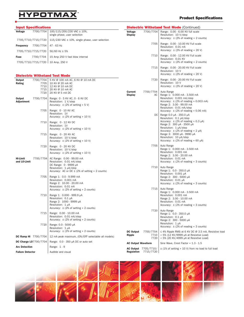 Product specifications, Input specifications, Dielectric withstand test mode | Dielectric withstand test mode (continued) | Atec Associated-Research-7704 User Manual | Page 2 / 4