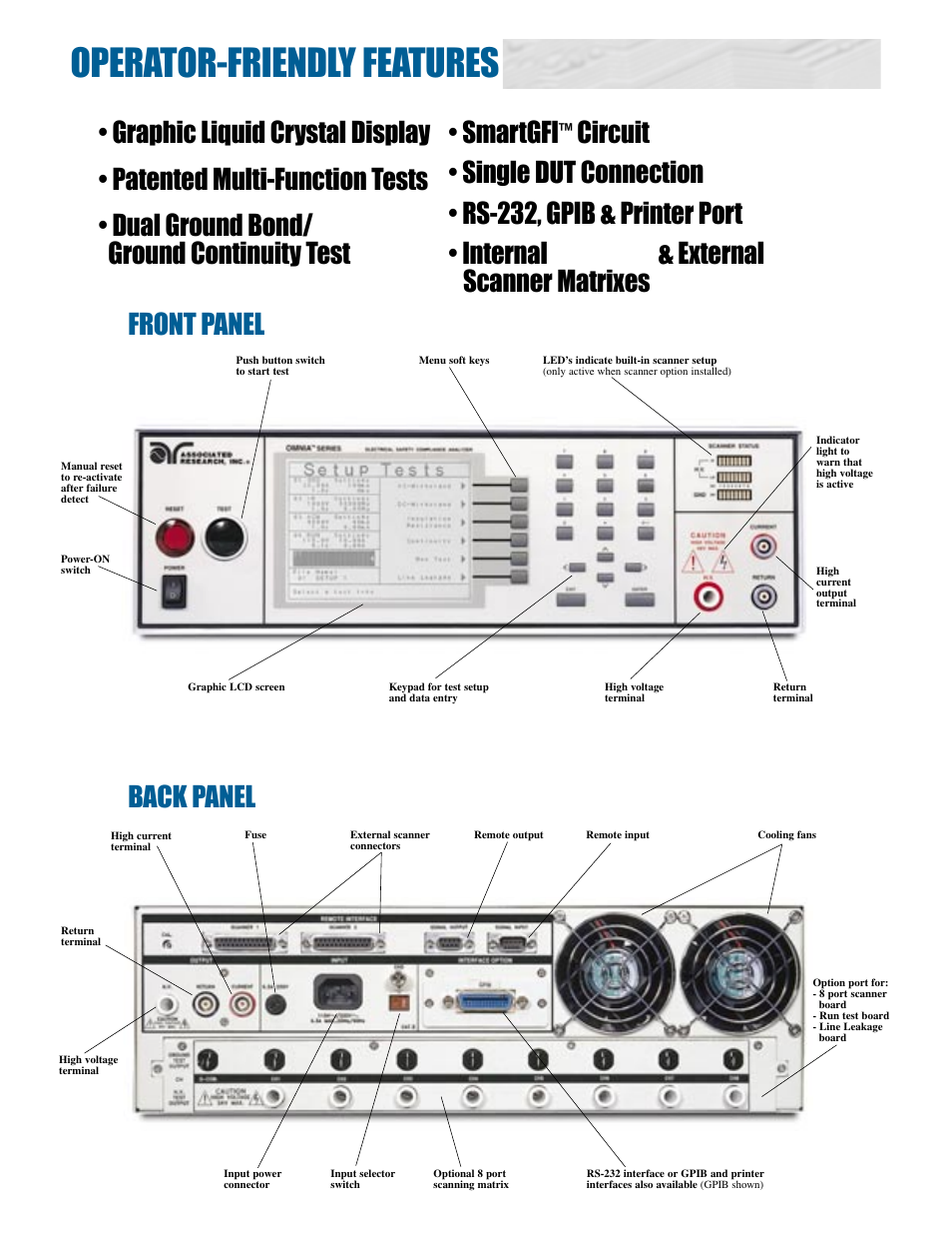 Operator-friendly features, Front panel back panel • smartgfi, Circuit | External scanner matrixes | Atec Associated-Research_8004-05-06 User Manual | Page 2 / 6