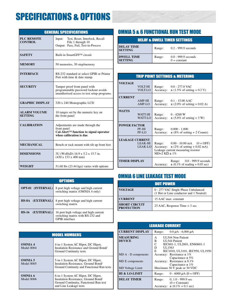 Specifications & options, Omnia 6 line leakage test mode, Omnia 5 & 6 functional run test mode | Atec Associated-Research_8004-05-06 User Manual | Page 5 / 6
