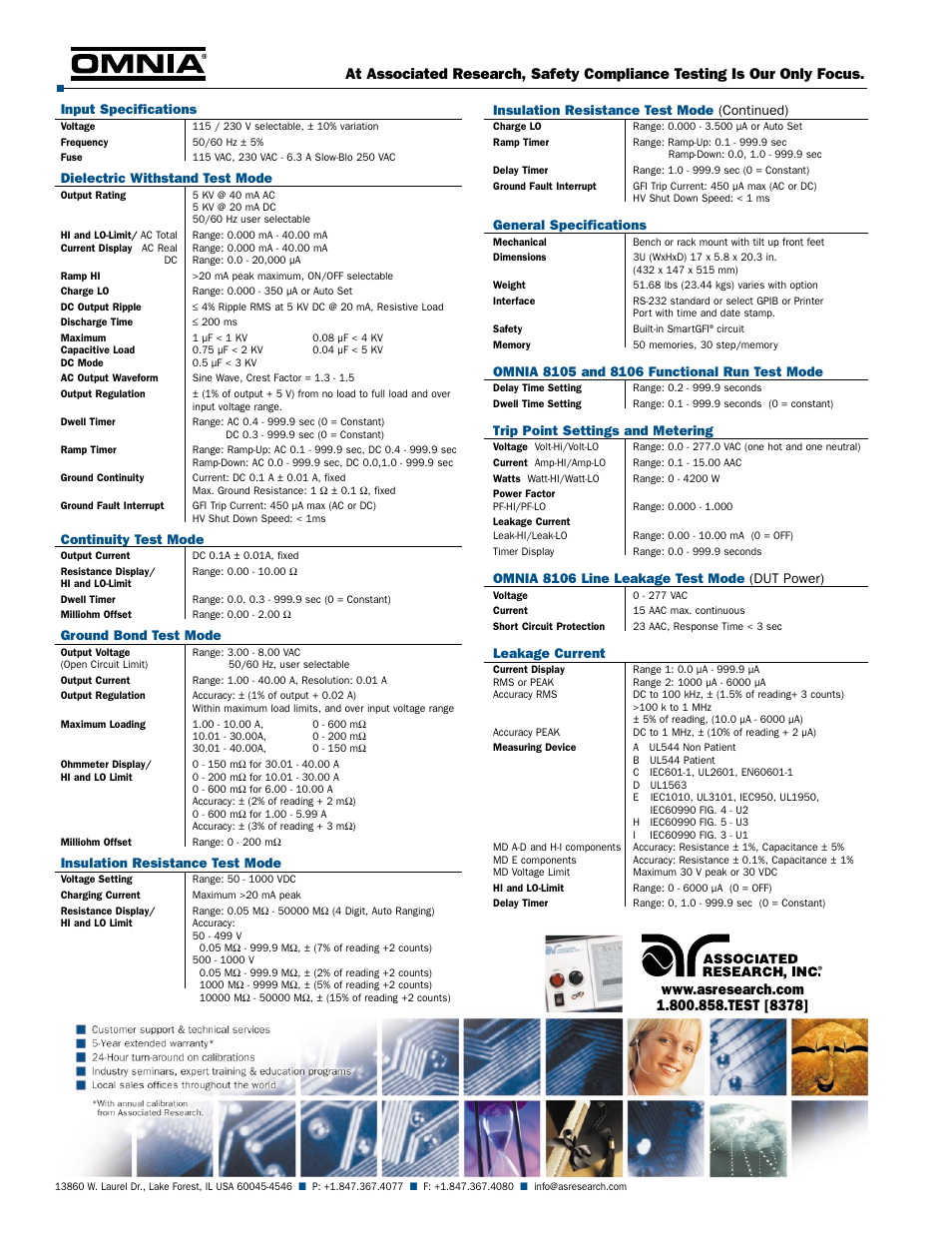 Input specifications, Dielectric withstand test mode, Continuity test mode | Ground bond test mode, Insulation resistance test mode, Insulation resistance test mode (continued), General specifications, Trip point settings and metering, Omnia 8106 line leakage test mode (dut power), Leakage current | Atec Associated-Research-8104-8106 User Manual | Page 2 / 2
