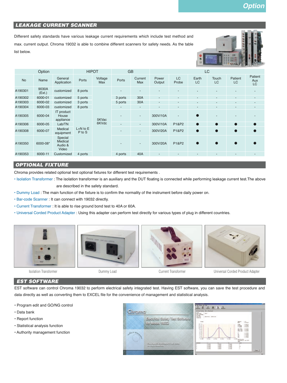 Option, Leakage current scanner, Optional fixture | Est software | Atec Chroma-19032 User Manual | Page 6 / 8