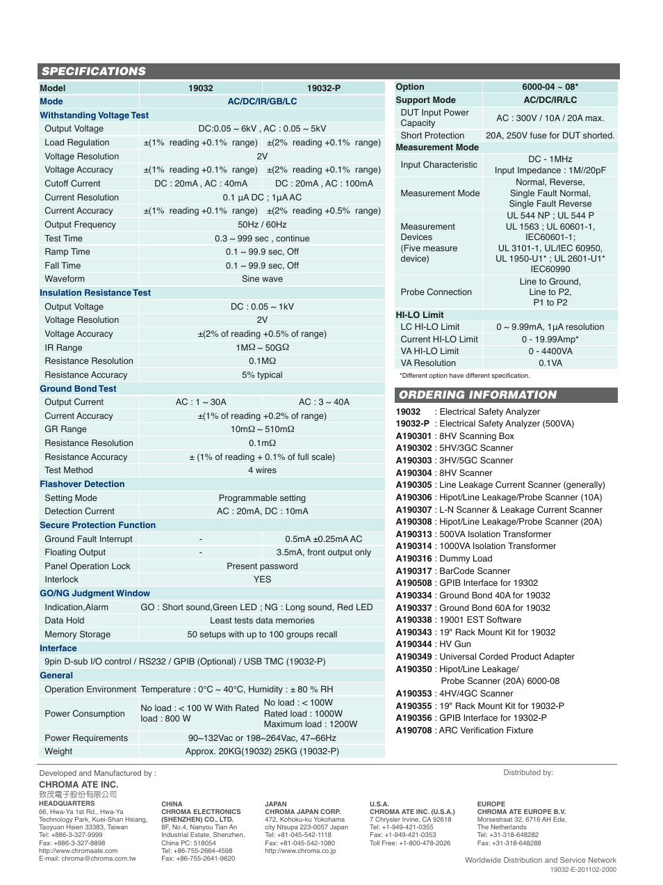 Specifications, Ordering information | Atec Chroma-19032 User Manual | Page 8 / 8