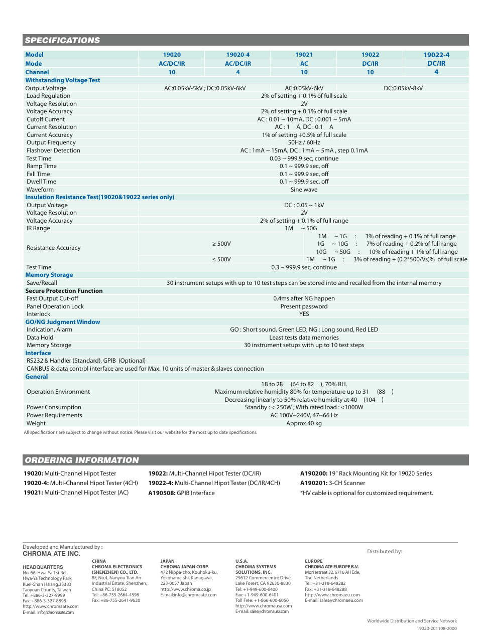 Specifications, Ordering information | Atec Chroma-19020 Series User Manual | Page 4 / 4