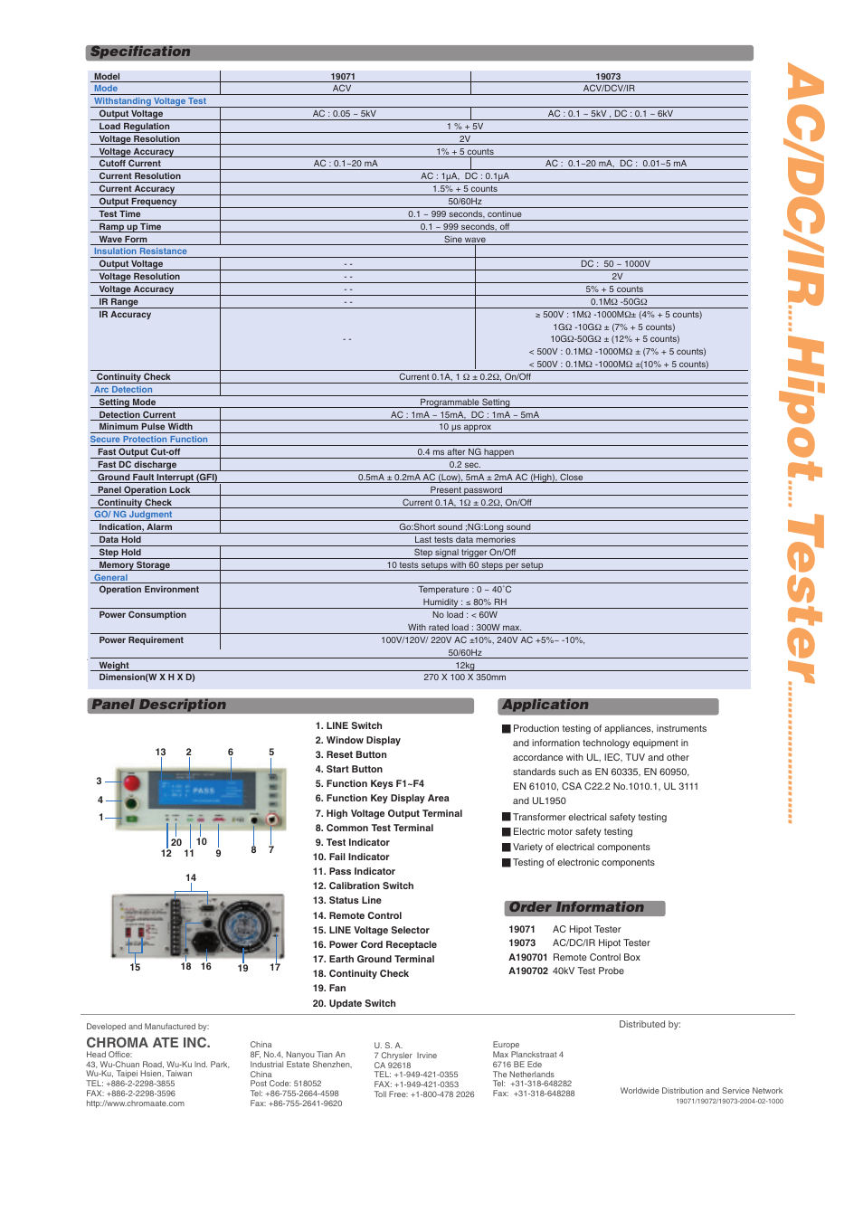 Ac/dc/ir, Hipot, Tester | Chroma ate inc, Specification application order information, Panel description | Atec Chroma 19071 User Manual | Page 2 / 2