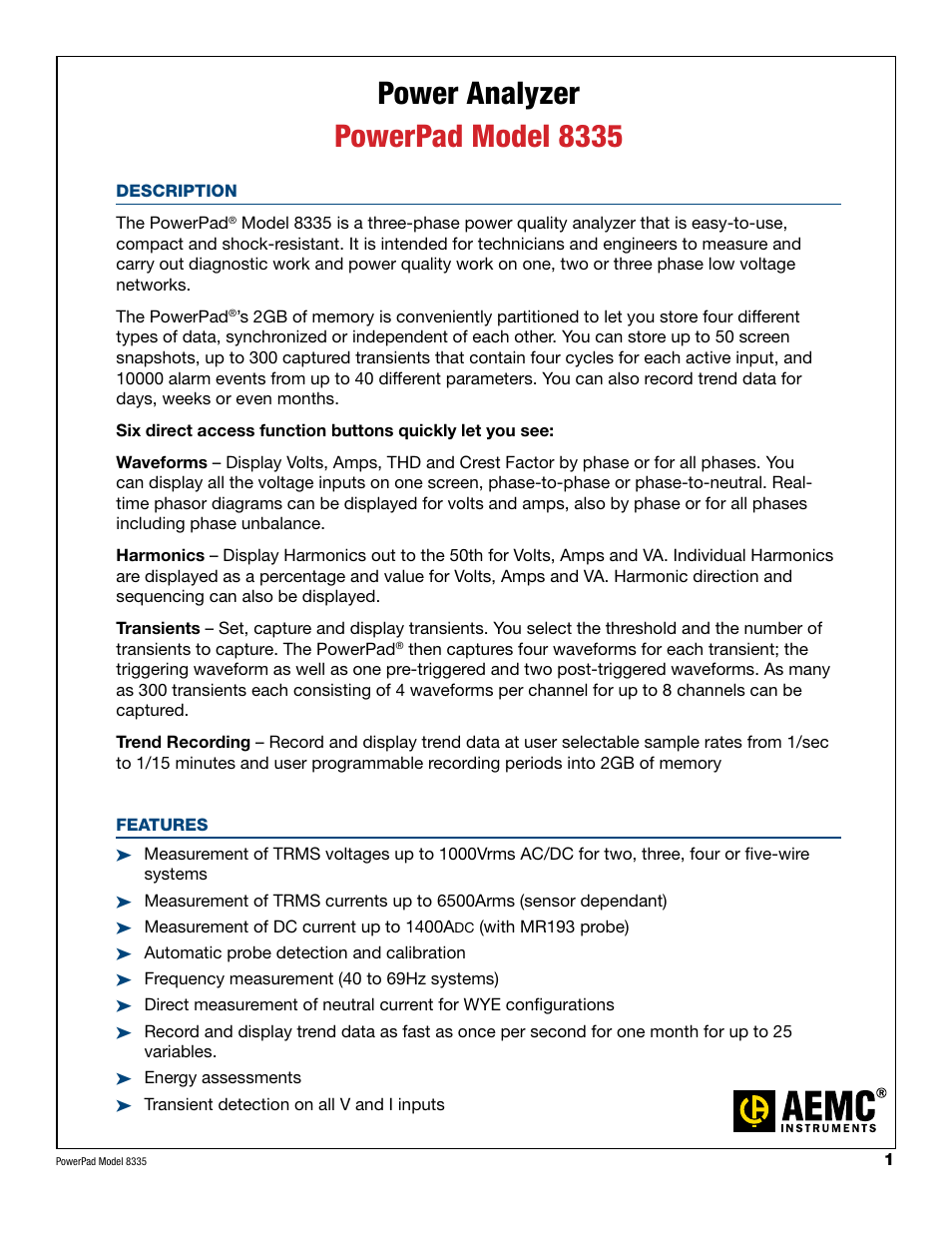 Power analyzer powerpad model 8335 | Atec AEMC-8335 User Manual | Page 2 / 7