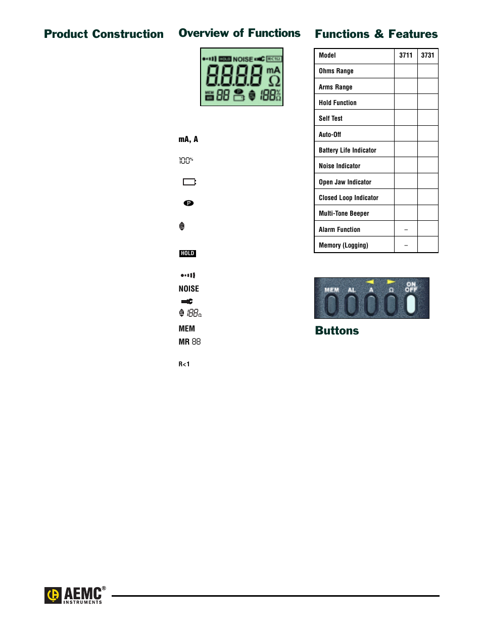 Product construction, Overview of functions, Functions & features | Buttons | Atec AEMC-3711-3731 User Manual | Page 3 / 7