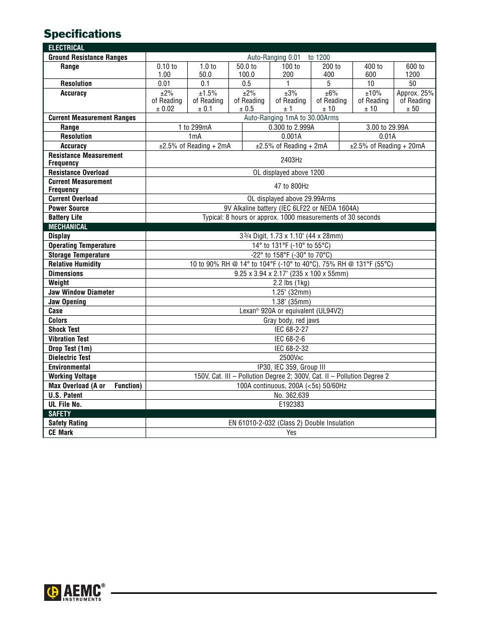 Specifications | Atec AEMC-3711-3731 User Manual | Page 4 / 7