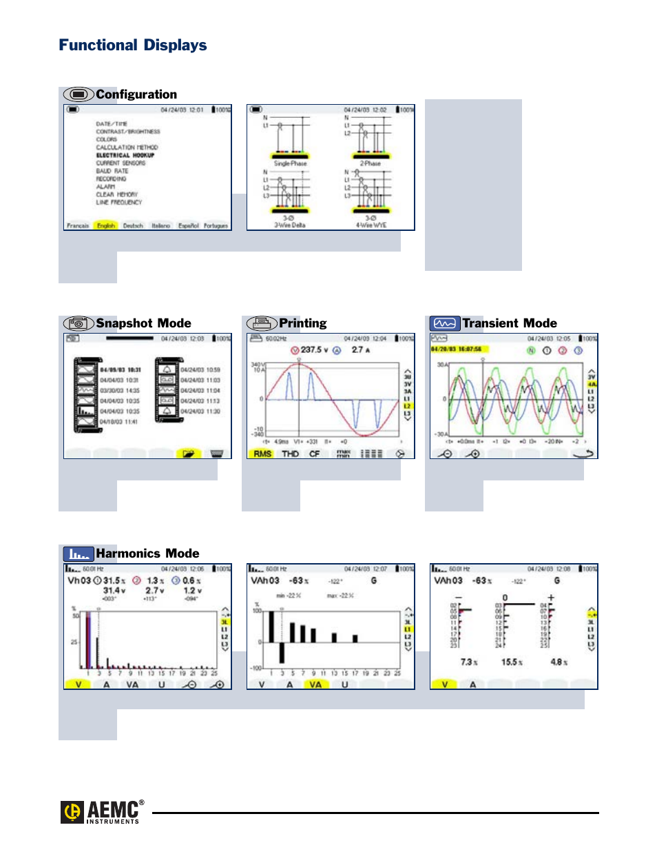 Functional displays, Transient mode harmonics mode, Printing snapshot mode | Configuration | Atec AEMC-3945 User Manual | Page 4 / 13