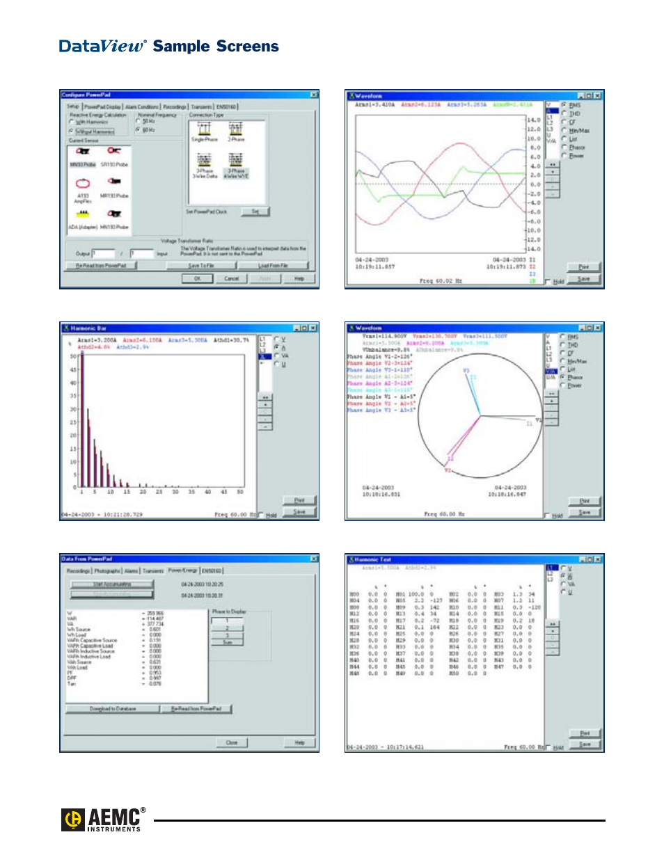 Dataview® sample screens, Sample screens | Atec AEMC-3945 User Manual | Page 8 / 13