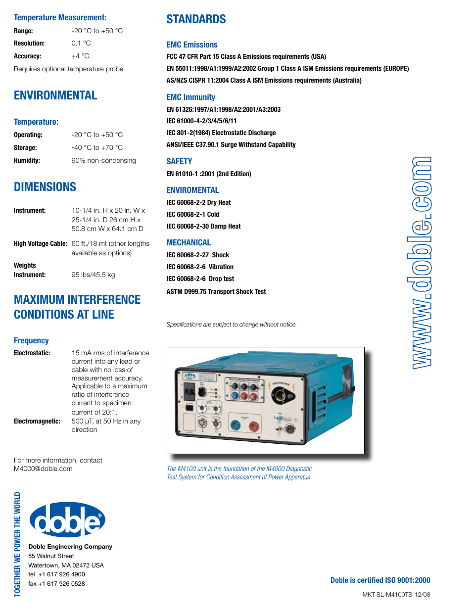 Environmental, Dimensions, Maximum interference conditions at line | Standards | Atec Doble-M4100 User Manual | Page 2 / 2