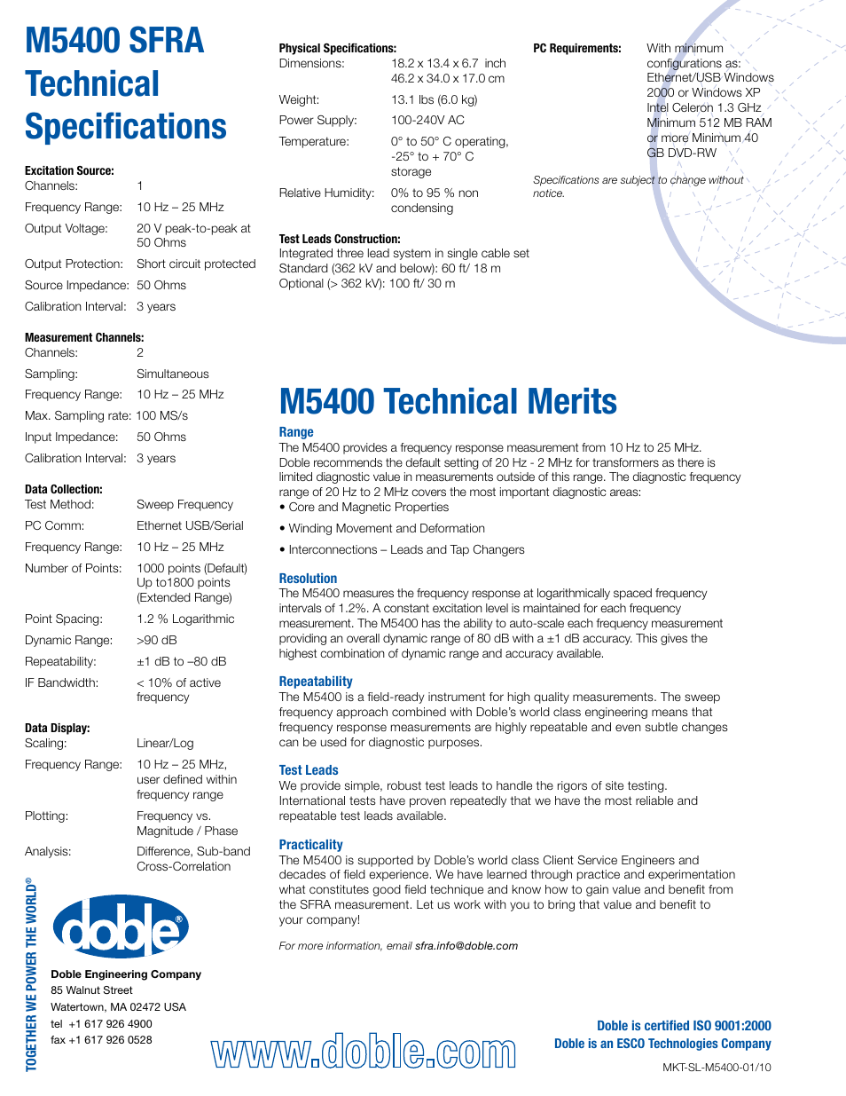 M5400 sfra technical specifications, M5400 technical merits | Atec Doble-M5400 User Manual | Page 2 / 2