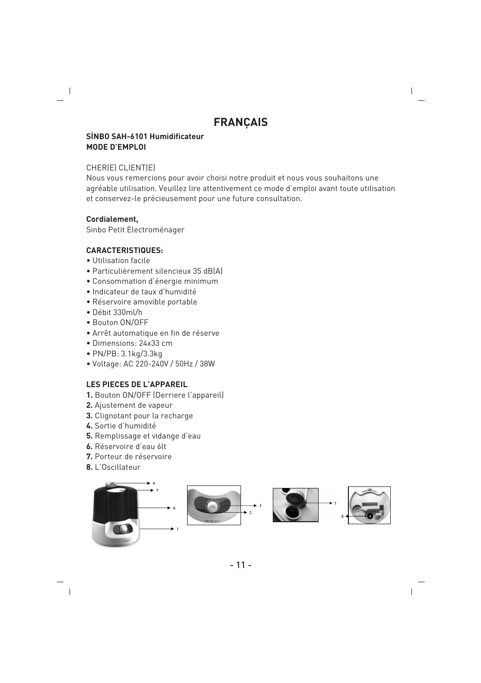 Français | SINBO SAH 6101 User Manual | Page 12 / 48