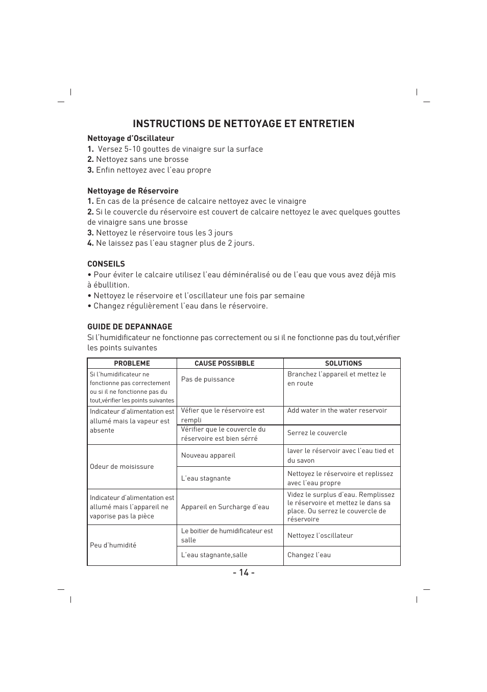 Instructions de nettoyage et entretien | SINBO SAH 6101 User Manual | Page 15 / 48