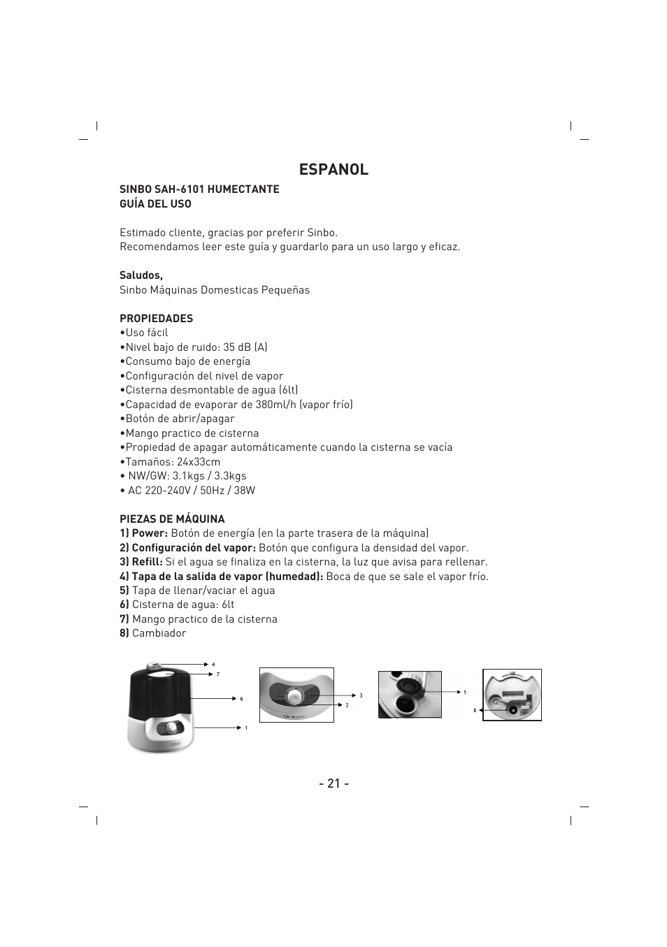 Espanol | SINBO SAH 6101 User Manual | Page 22 / 48