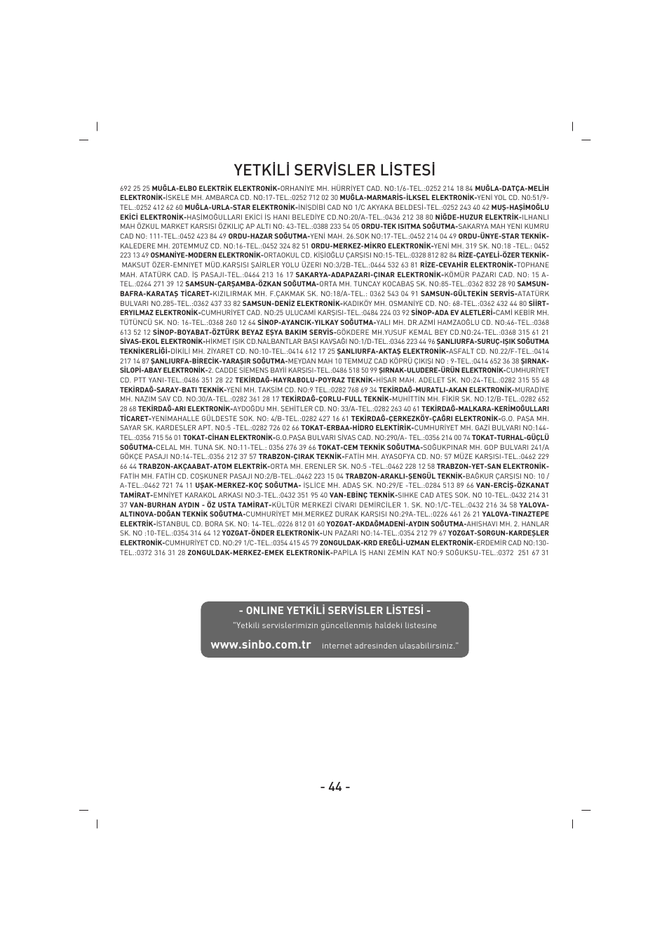 Yetk‹l‹ serv‹sler l‹stes | SINBO SAH 6101 User Manual | Page 45 / 48