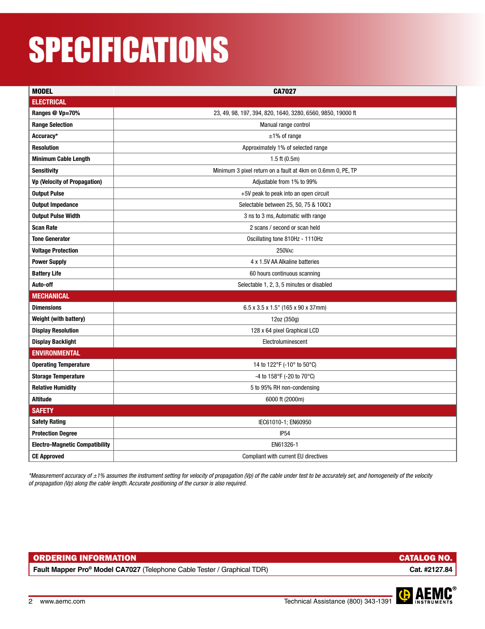 Specifications, Ordering information catalog no | Atec Aemc-CA7027 User Manual | Page 2 / 2