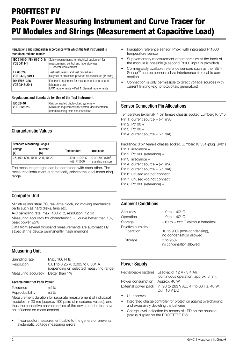 Characteristic values, Computer unit, Measuring unit | Sensor connection pin allocations, Ambient conditions, Power supply | Atec Dranetz-Profitest User Manual | Page 2 / 6