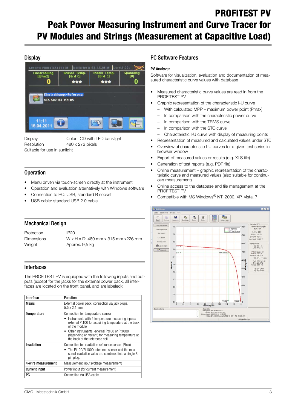 Display, Operation, Mechanical design | Interfaces, Pc software features | Atec Dranetz-Profitest User Manual | Page 3 / 6