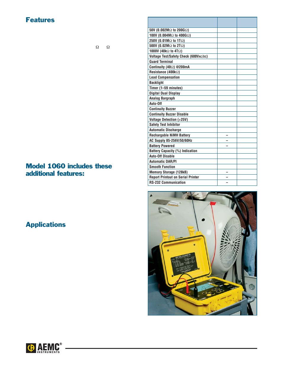 Features, Applications, Model 1060 includes these additional features | Atec AEMC-1050 User Manual | Page 2 / 9