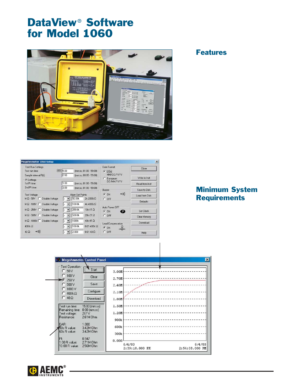 Dataview software for model 1060, Dataview, Software for model 1060 | Features, Minimum system requirements | Atec AEMC-1050-1060 User Manual | Page 6 / 9