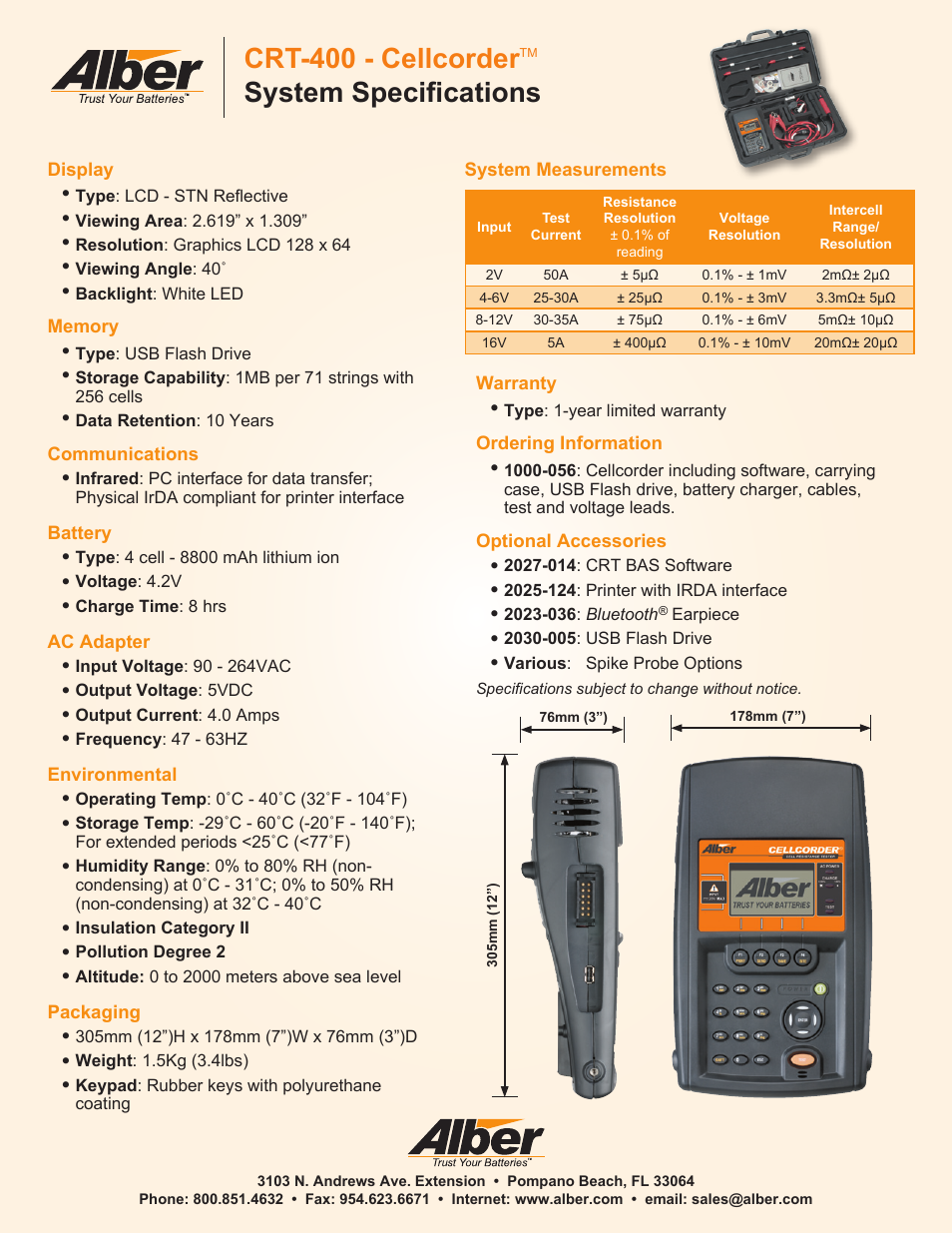 Crt-400 - cellcorder, System specifications | Atec Alber-CRT400 User Manual | Page 2 / 2