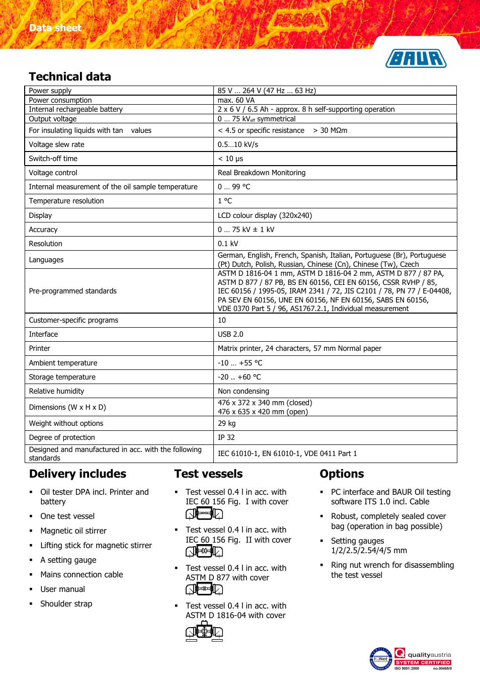 Technical data, Delivery includes test vessels options, Data sheet | Atec Baur-DPA75C User Manual | Page 2 / 2
