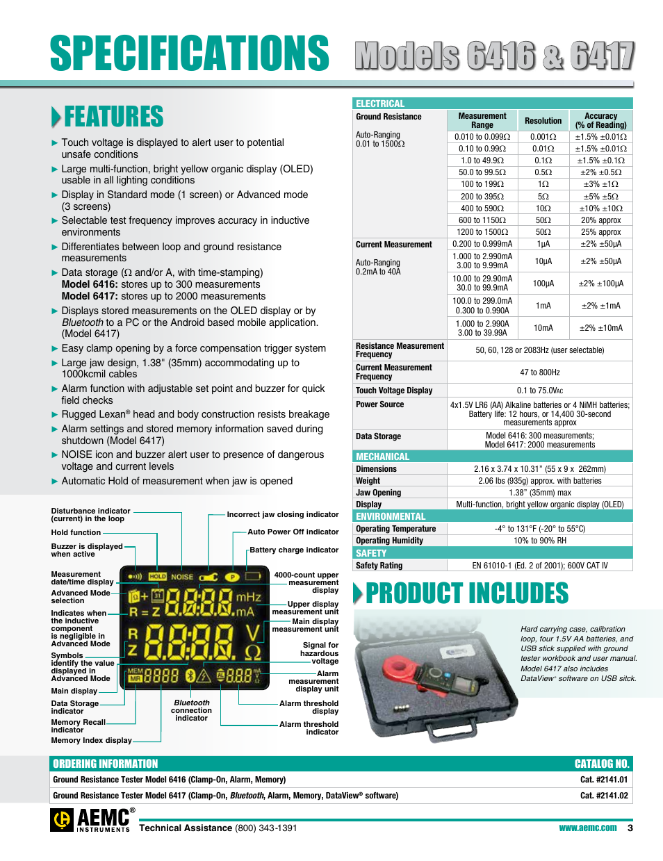 Specifications, Features, Product includes | Atec AEMC-6416-6417 User Manual | Page 3 / 4