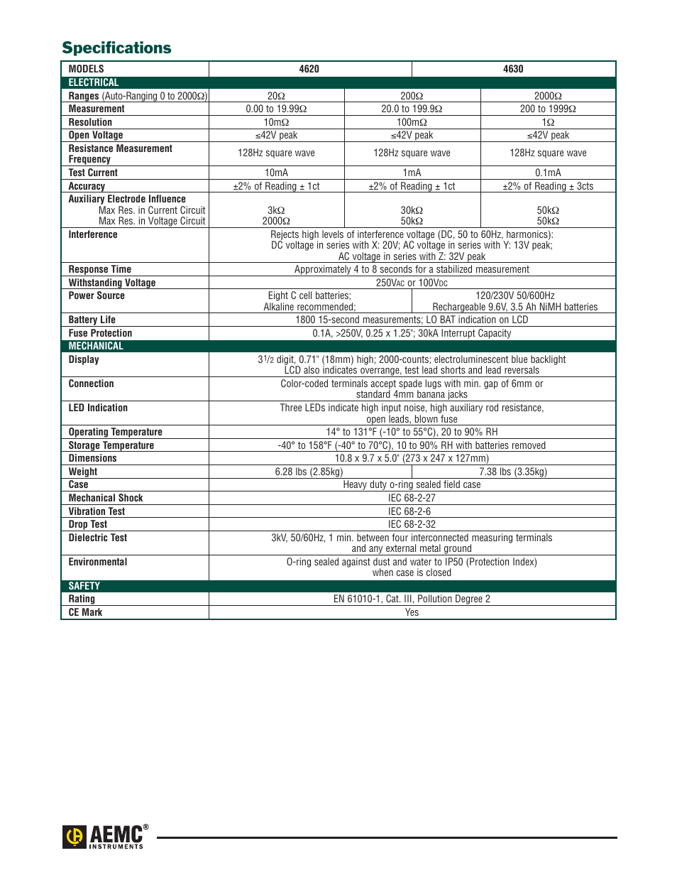 Specifications | Atec AEMC-4620_4630 User Manual | Page 3 / 6