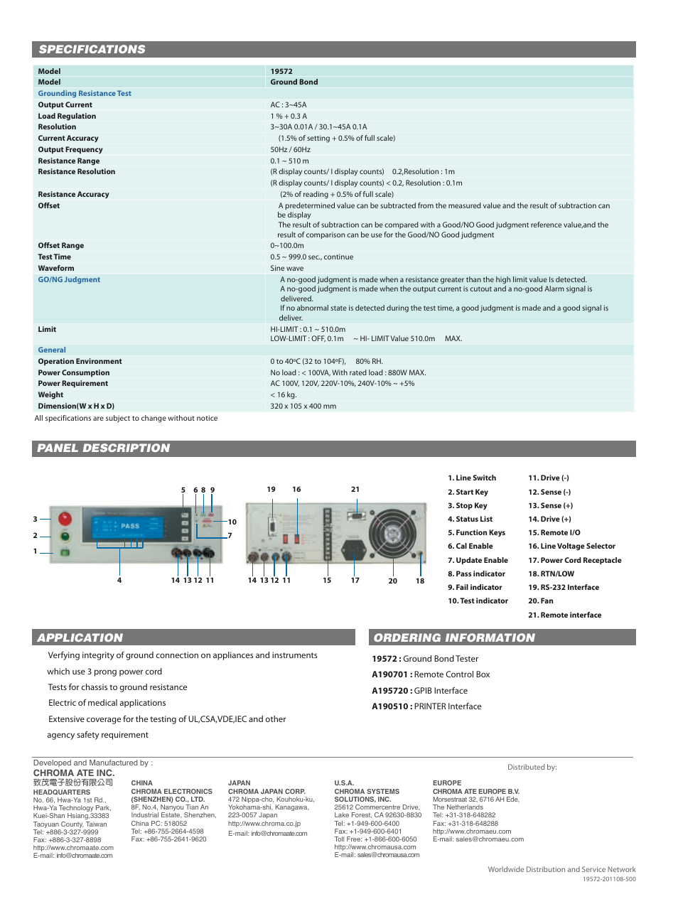 Specifications, Panel description, Application ordering information | Atec Chroma-19572 User Manual | Page 2 / 2