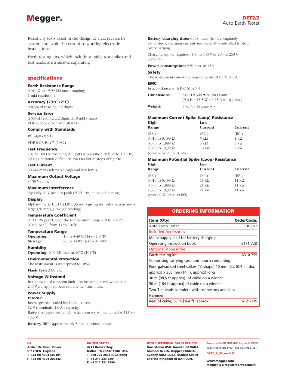 Det2/2 auto earth tester ordering information, Specifications | Atec Biddle-DET-2-2 User Manual | Page 2 / 2