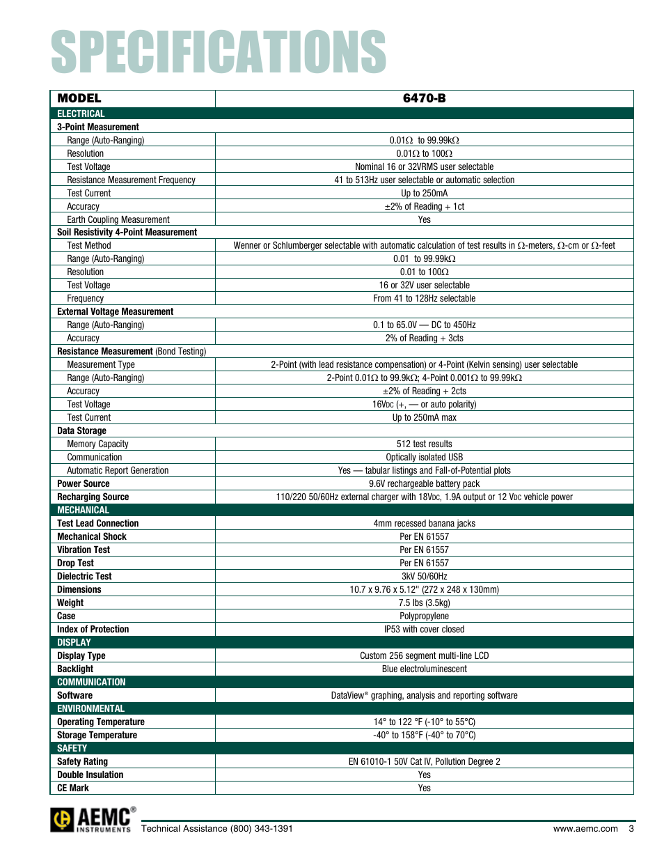 Specifications, Model, 6470-b | Atec AEMC-6470B User Manual | Page 3 / 8