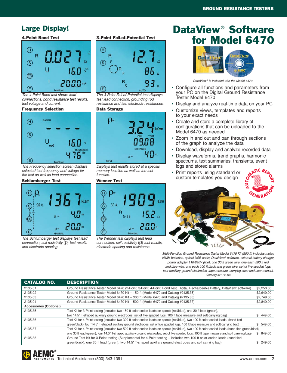 Dataview software for model 6470, Ordering information, Dataview | Software for model 6470, Large display | Atec AEMC-6470 User Manual | Page 2 / 2