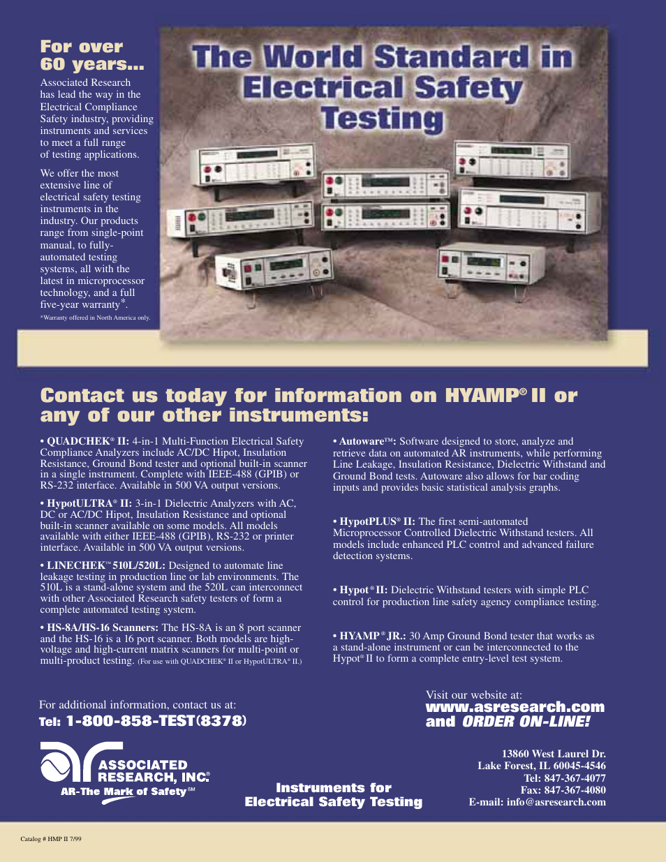 Contact us today for information on hyamp, Ii or any of our other instruments, For over 60 years | Order on-line, Instruments for electrical safety testing | Atec Associated-Research-5030DT User Manual | Page 4 / 4