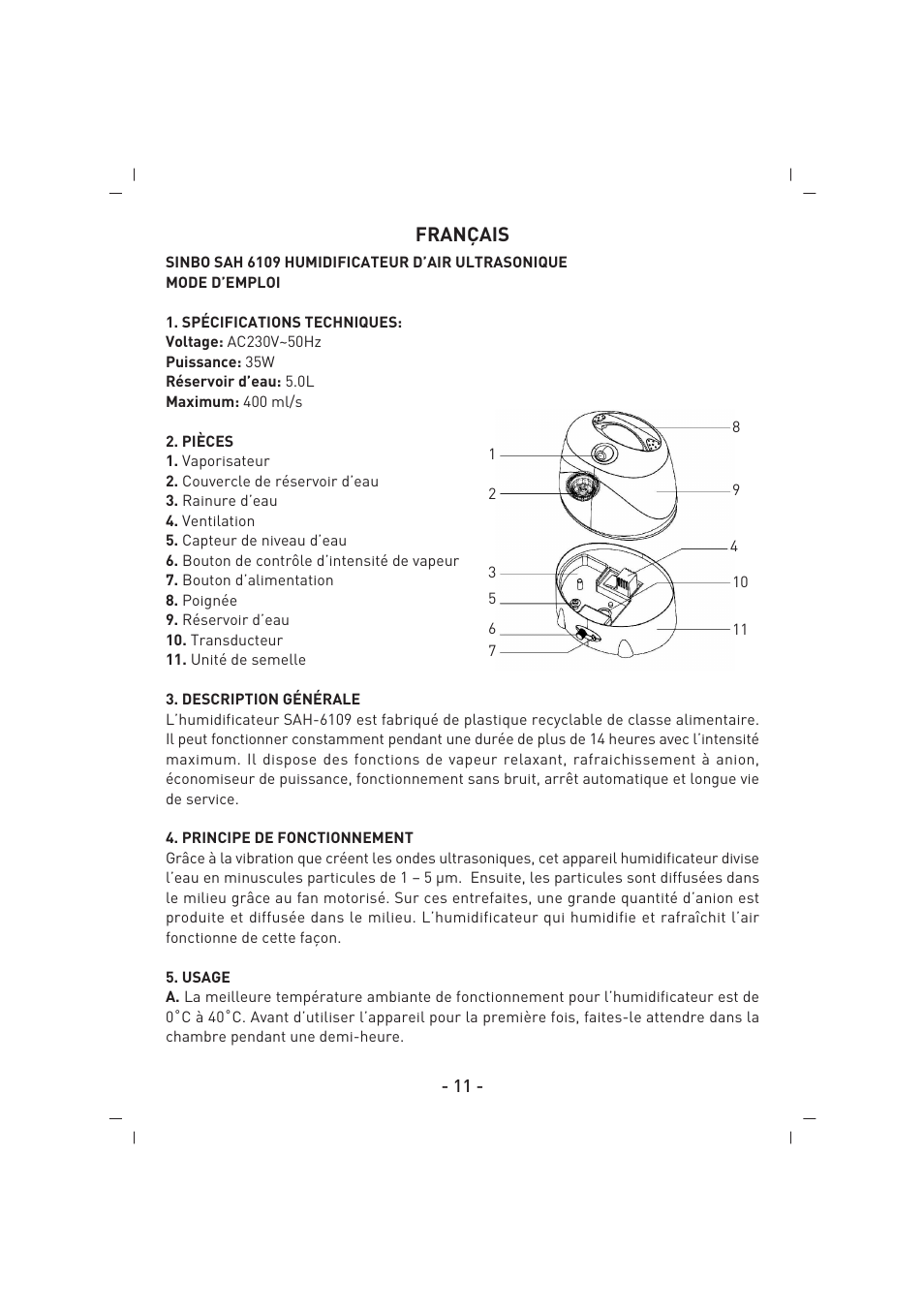 Français | SINBO SAH 6109 User Manual | Page 12 / 48