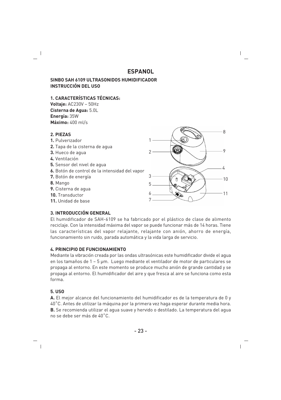 Espanol | SINBO SAH 6109 User Manual | Page 24 / 48