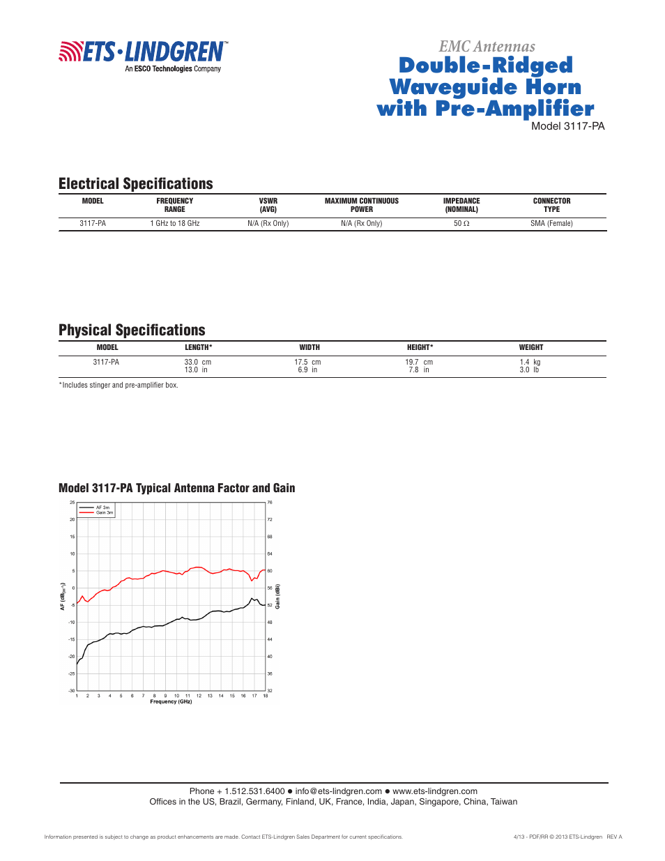 Double-ridged waveguide horn with pre-amplifier, Emc antennas, Electrical specifications | Physical specifications, Model 3117-pa typical antenna factor and gain | Atec ETS-Lindgren-3117-PA User Manual | Page 2 / 2